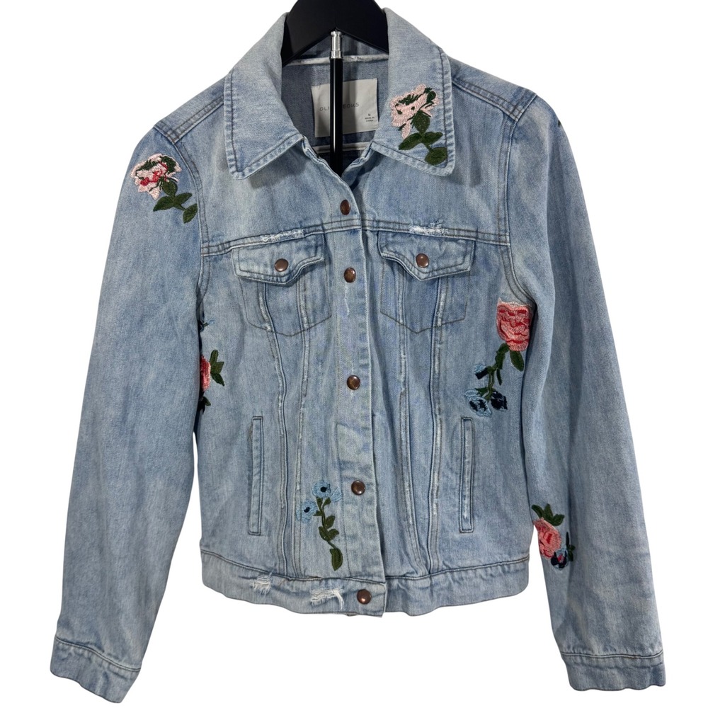 Olivaceous Women Denim Jacket Size M  Floral‎ Embroidered Jean Distressed Detail